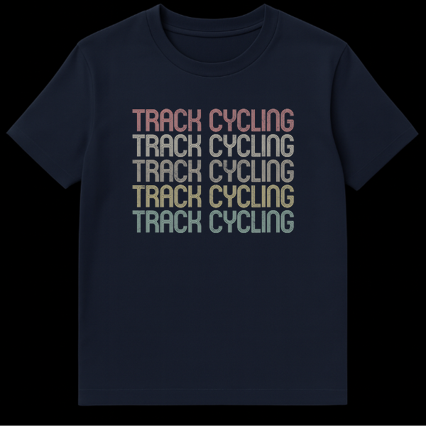 Track Cycling Enthusiast Unisex T-Shirt with repeated retro text for velodrome fans on Navy Blue t-shirt