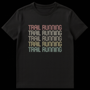 Vintage Retro Trail Running T-Shirt with repeated distressed text in earthy colors on a black background on Black t-shirt