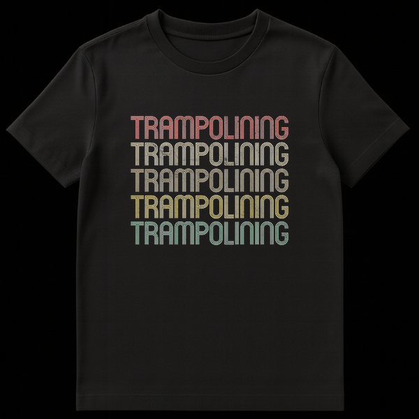 Retro style trampolining t-shirt with repeated stacked text in muted vintage colors on a black background on Black t-shirt