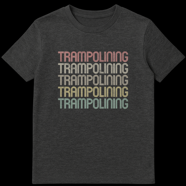 Retro style trampolining t-shirt with repeated stacked text in muted vintage colors on a black background on Dark Heather t-shirt