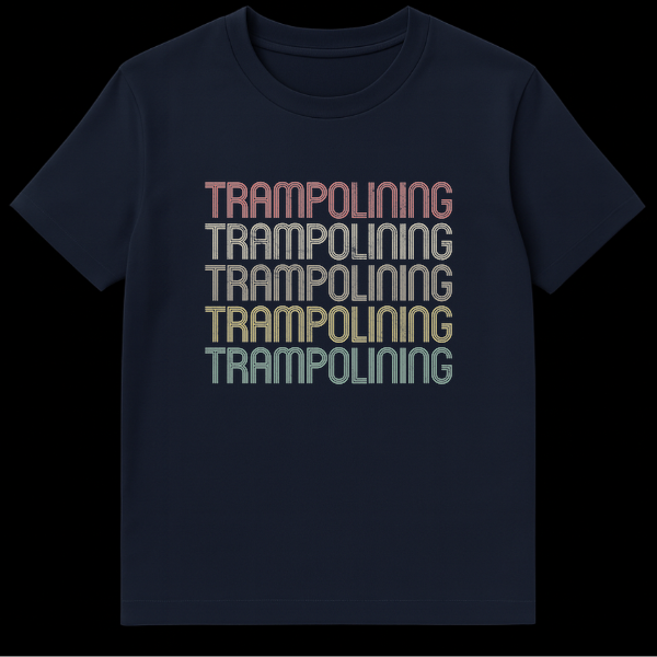 Retro style trampolining t-shirt with repeated stacked text in muted vintage colors on a black background on Navy Blue t-shirt