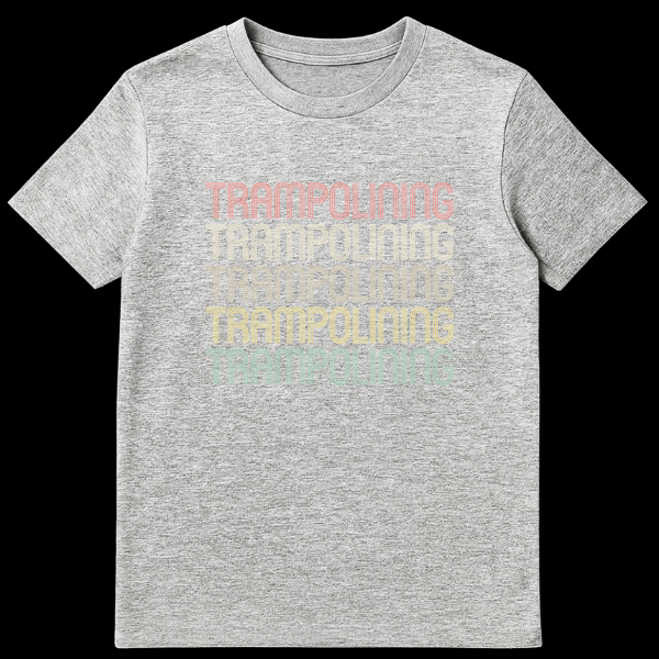 Retro style trampolining t-shirt with repeated stacked text in muted vintage colors on a black background on Sports Grey t-shirt