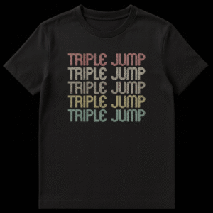 Retro Triple Jump T-shirt with distressed, stacked text in muted vintage colors on a black background on Black t-shirt