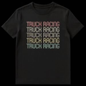 Vintage 'TRUCK RACING' stacked text t-shirt with retro distressed typography in faded coral, yellow, olive, mustard, and teal colors on a black background. on Black t-shirt