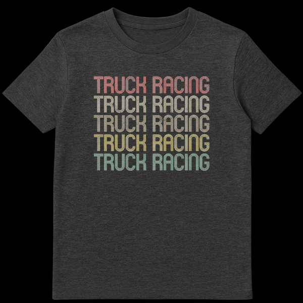 Vintage 'TRUCK RACING' stacked text t-shirt with retro distressed typography in faded coral, yellow, olive, mustard, and teal colors on a black background. on Dark Heather t-shirt