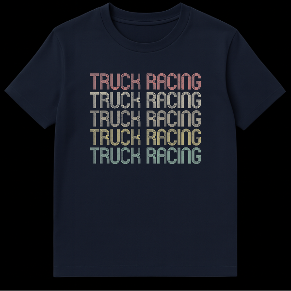 Vintage 'TRUCK RACING' stacked text t-shirt with retro distressed typography in faded coral, yellow, olive, mustard, and teal colors on a black background. on Navy Blue t-shirt