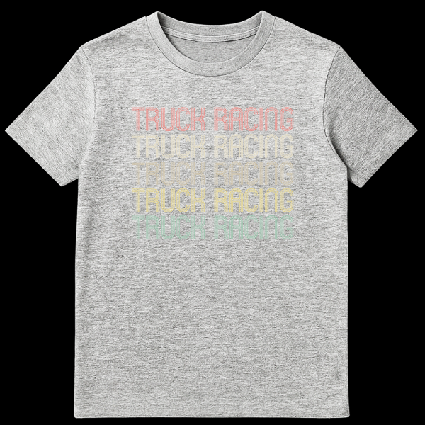 Vintage 'TRUCK RACING' stacked text t-shirt with retro distressed typography in faded coral, yellow, olive, mustard, and teal colors on a black background. on Sports Grey t-shirt
