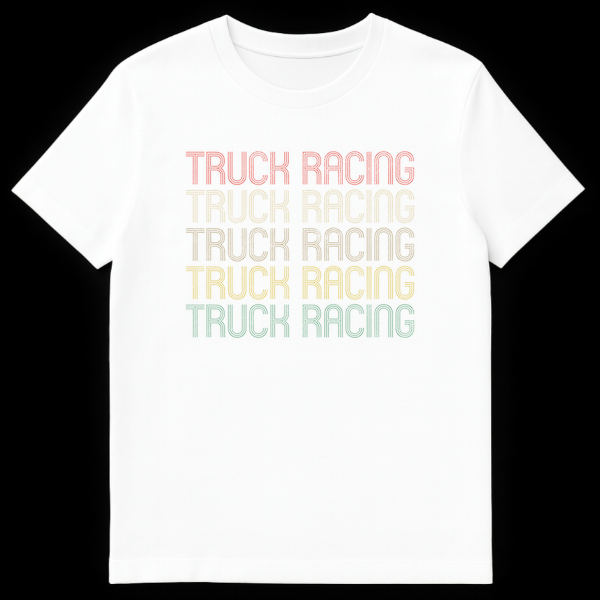 Vintage 'TRUCK RACING' stacked text t-shirt with retro distressed typography in faded coral, yellow, olive, mustard, and teal colors on a black background. on White t-shirt
