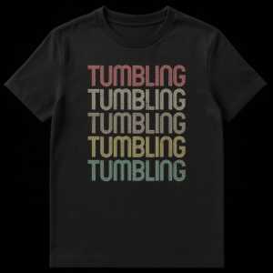 Vintage retro 'TUMBLING' stacked text t-shirt with distressed outline font and muted gradient colors on black background, ideal for gymnasts and acrobats. on Black t-shirt