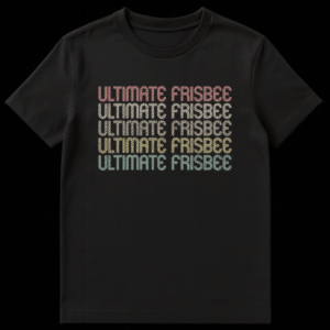Retro Ultimate Frisbee t-shirt with stacked text 'ULTIMATE FRISBEE' repeated five times in a muted gradient color palette on a black background on Black t-shirt