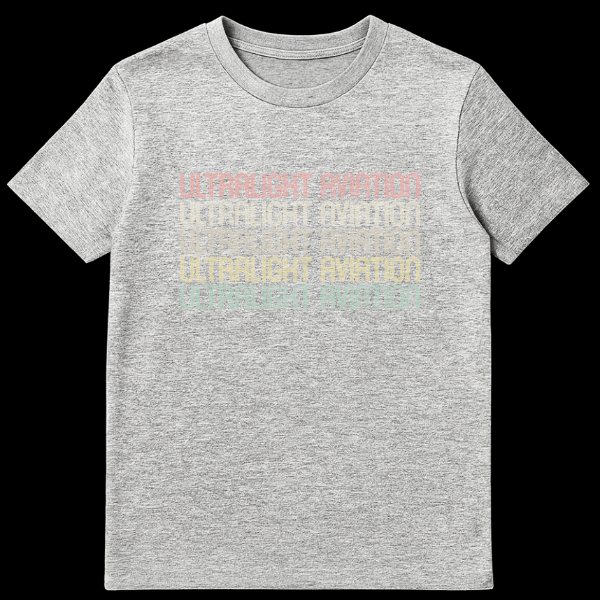 Vintage Retro Ultralight Aviation T-Shirt with stacked colorful distressed text on black background on Sports Grey t-shirt