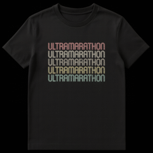 Retro gradient 'ULTRAMARATHON' repeated text t-shirt for ultrarunners on a black background on Black t-shirt