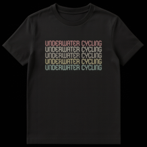 Retro-style black t-shirt with 'Underwater Cycling' text repeated five times in a stacked design, featuring a muted gradient from red to teal. on Black t-shirt