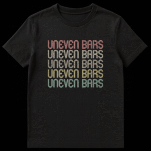 Black t-shirt with 'UNEVEN BARS' repeated five times in retro, multi-line font with distressed texture and gradient vintage colors (coral, gold, beige, yellow, mint green). on Black t-shirt