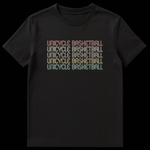 Unicycle Basketball retro typography t-shirt with stacked, distressed text in muted earthy colors on a black background. on Black t-shirt