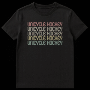 Unicycle Hockey retro style t-shirt with stacked, distressed text in a multi-color gradient on black. on Black t-shirt