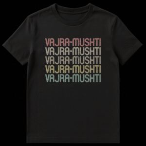 Vajra-Mushti T-Shirt with retro multi-color text on a black background, symbolizing thunderbolt fist and martial arts power on Black t-shirt