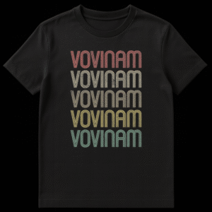 Vovinam T-shirt with retro distressed text, featuring 'VOVINAM' repeated five times in a gradient of muted red, beige, green, gold, and teal colors on a black background. on Black t-shirt