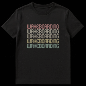 Retro 70s 80s style WAKEBOARDING t-shirt with repeated text in vintage sunset colors on black on Black t-shirt