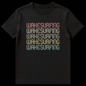 Retro Wakesurfing T-Shirt with repeated stacked text in a vintage gradient color scheme on a black background. on Black t-shirt