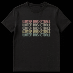 Retro distressed 'WATER BASKETBALL' stacked five times in a multi-color gradient on a black t-shirt, evoking vintage sports style. on Black t-shirt
