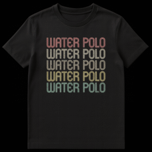 Vintage Water Polo T-Shirt with distressed retro typography and gradient colors on black fabric, repeated five times on Black t-shirt
