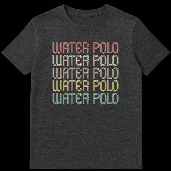 Vintage Water Polo T-Shirt with distressed retro typography and gradient colors on black fabric, repeated five times on Dark Heather t-shirt