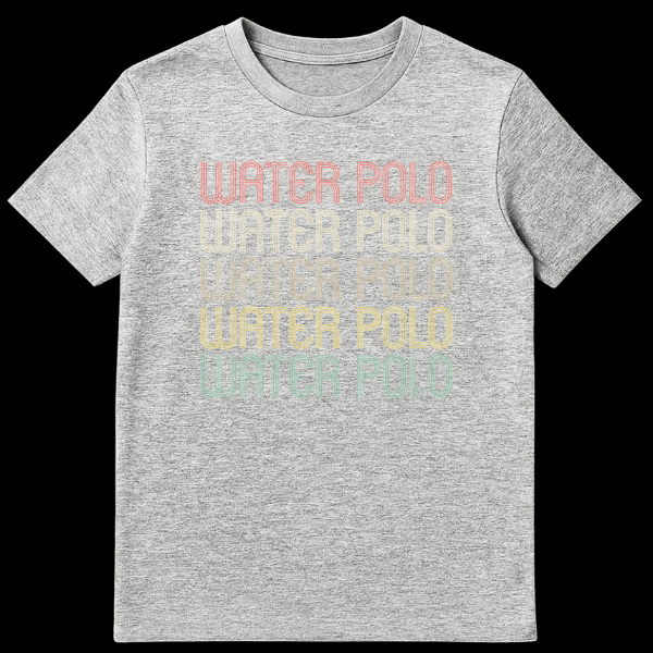 Vintage Water Polo T-Shirt with distressed retro typography and gradient colors on black fabric, repeated five times on Sports Grey t-shirt