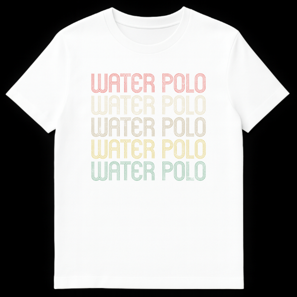 Vintage Water Polo T-Shirt with distressed retro typography and gradient colors on black fabric, repeated five times on White t-shirt