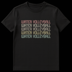 Water Volleyball t-shirt with repeated stacked text design in retro colors on a black background on Black t-shirt