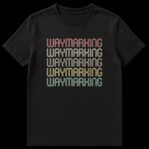 Vintage 'WAYMARKING' stacked text t-shirt with retro 70s typographic style in faded coral, beige, mustard, olive, and teal colors on a black background. on Black t-shirt
