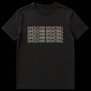 Retro 70s 80s style Wheelchair Basketball T-Shirt with stacked, distressed text in earthy colors on black on Black t-shirt