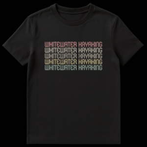 Retro Whitewater Kayaking stacked text t-shirt with vintage gradient colors on black background on Black t-shirt