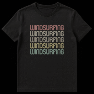 Retro Windsurfing T-Shirt with repeating distressed text in vintage 70s/80s style on a black background on Black t-shirt
