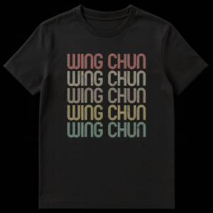 Wing Chun Practitioner Unisex T-Shirt with repeated Wing Chun text in retro colors on black background on Black t-shirt