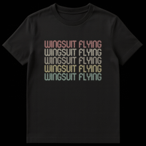 WINGSUIT FLYING repeated five times in retro striped font with gradient colors on a black t-shirt on Black t-shirt