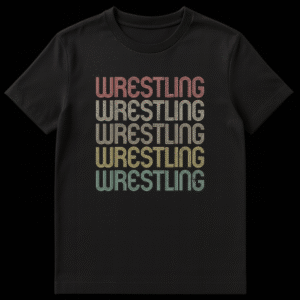 Vintage retro wrestling text t-shirt with repeated WRESTLING slogan in distressed rainbow colors on black background on Black t-shirt