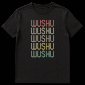 Retro Wushu T-Shirt with stacked distressed WUSHU text in 70s/80s striped style and gradient colors on black fabric on Black t-shirt
