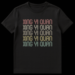Retro 70s 80s style Xing Yi Quan martial arts t-shirt with distressed striped text and gradient colors on black background on Black t-shirt