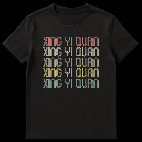 Retro 70s 80s style Xing Yi Quan martial arts t-shirt with distressed striped text and gradient colors on black background on Black t-shirt