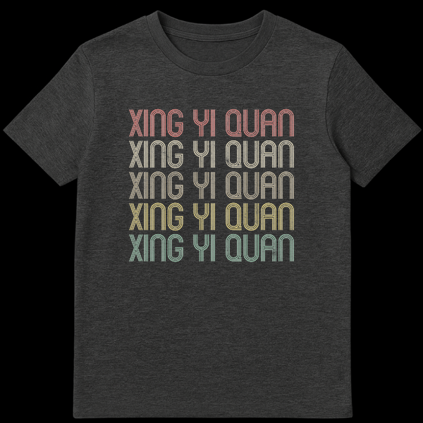 Retro 70s 80s style Xing Yi Quan martial arts t-shirt with distressed striped text and gradient colors on black background on Dark Heather t-shirt
