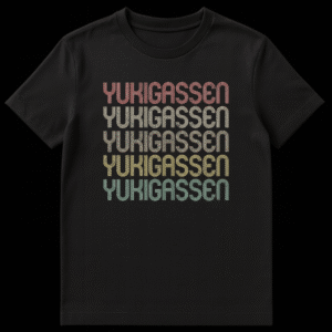 Distressed retro style Yukigassen t-shirt with repeated text in vintage colors on Black t-shirt