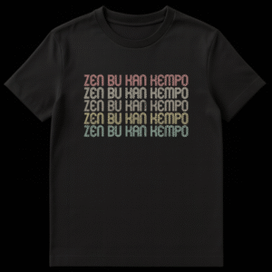 Retro Zen Bu Kan Kempo Martial Arts T-Shirt with stacked, distressed text in vintage sunset colors on black background on Black t-shirt