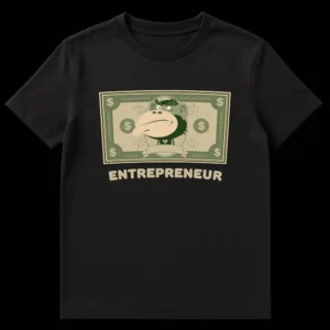 Entrepreneur t-shirt featuring a grumpy cartoon monkey in a suit on a vintage-style banknote, with 'ENTREPRENEUR' text below, on a black background on Black t-shirt