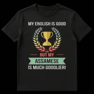 Vintage style black t-shirt with a distressed gold trophy and colorful laurel wreath, featuring the text 'MY ENGLISH IS GOOD BUT MY ASSAMESE IS MUCH GOODLIER!' on Black t-shirt