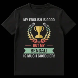 Bengali language pride t-shirt with a vintage trophy and laurel wreath, featuring the text 'MY ENGLISH IS GOOD BUT MY BENGALI IS MUCH GOODLIER!' on Black t-shirt