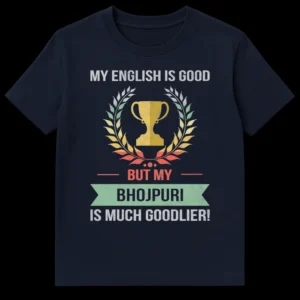 Distressed blue t-shirt with golden trophy and text 'MY ENGLISH IS GOOD — BUT MY — BHOJPURI IS MUCH GOODLIER!' for Bhojpuri language pride on Navy Blue t-shirt
