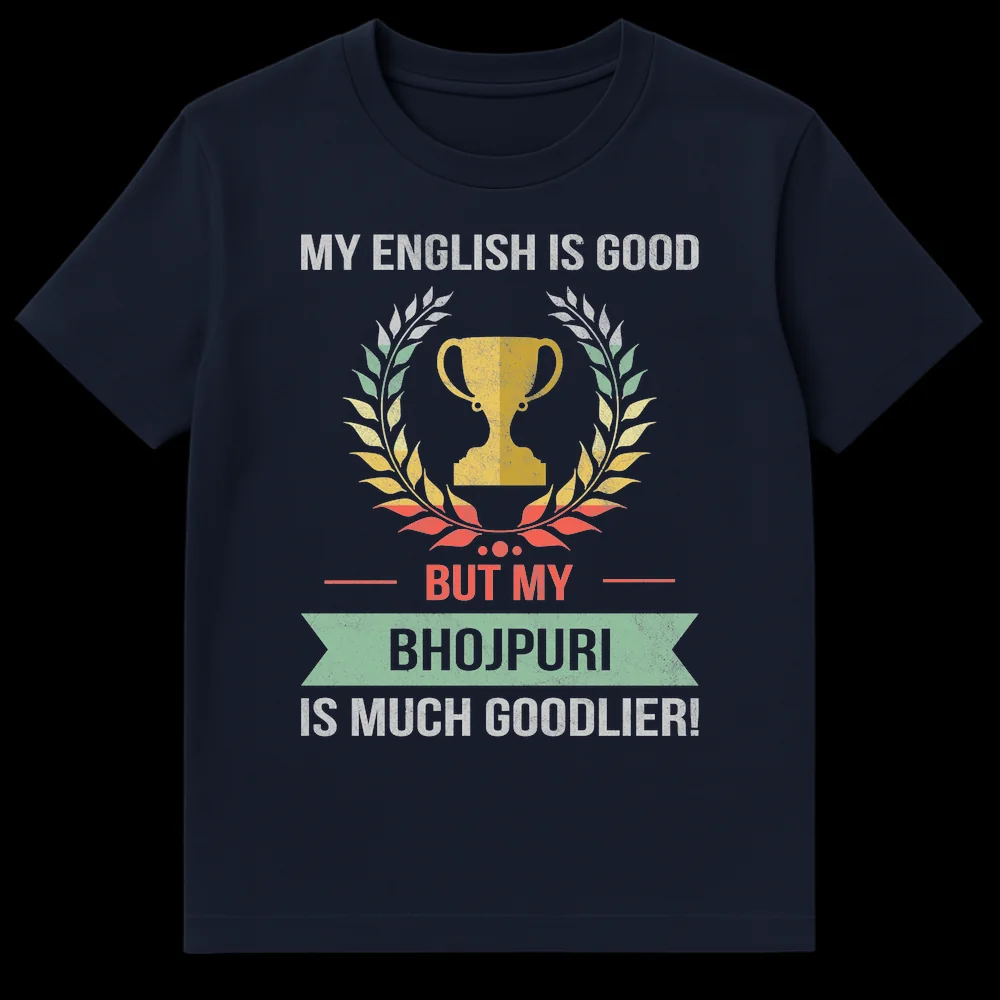 Distressed blue t-shirt with golden trophy and text 'MY ENGLISH IS GOOD — BUT MY — BHOJPURI IS MUCH GOODLIER!' for Bhojpuri language pride on Navy Blue t-shirt