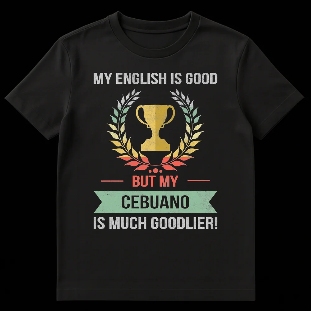 Vintage distressed t-shirt with text 'MY ENGLISH IS GOOD BUT MY CEBUANO IS MUCH GOODLIER!' featuring a trophy and laurel wreath in muted colors on a black background. on Black t-shirt