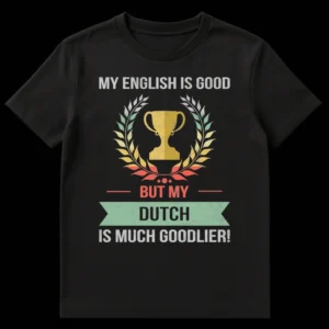 Distressed retro style t-shirt with 'MY ENGLISH IS GOOD BUT MY DUTCH IS MUCH GOODLIER!' text, trophy, and laurel wreath. on Black t-shirt
